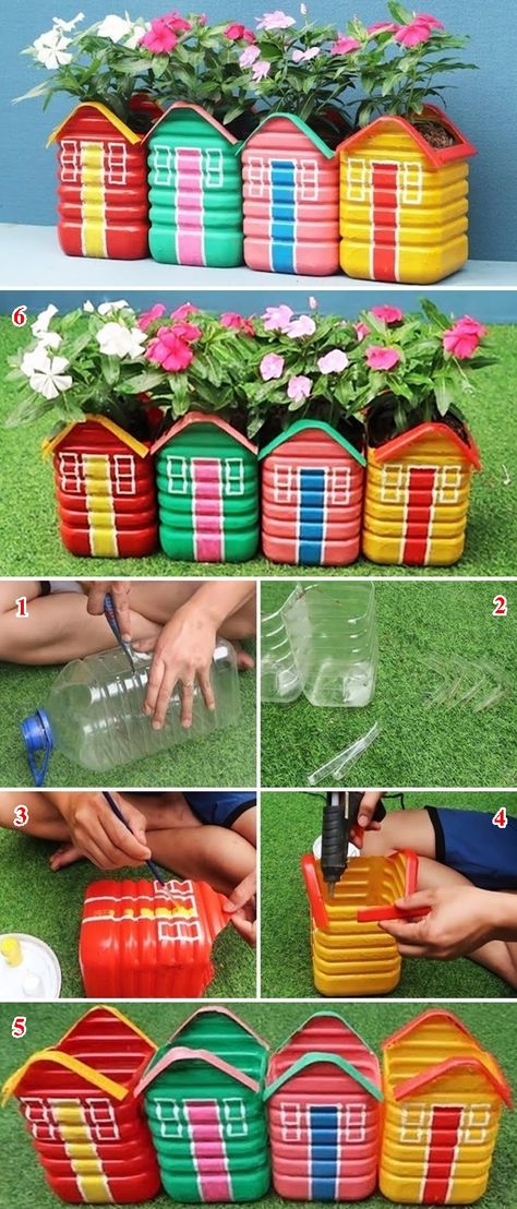 Plastic Container Crafts, Plastic Bottle Crafts Diy, Plastic Bottle Flowers, Flower Pot Crafts, Diy Glass Bottle Crafts, Diy Jar Crafts, Garden Crafts Diy, Diy Bottle Crafts, Plastic Bottle Crafts