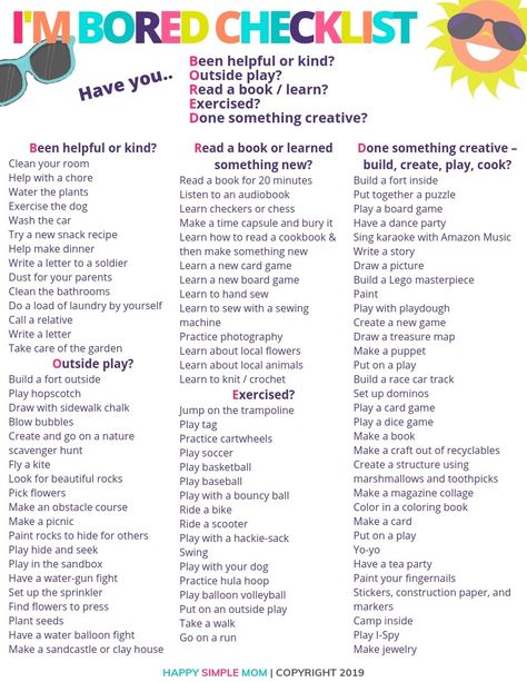 Things for kids to do when bored at home. Easy, fun, and simple activities to keep kids busy at home without a screen! Things To Do In School Holidays, Things To Keep You Occupied, Bored List At Home, Things To Do When Bored Without Electronics, Things To Do On Holidays At Home, Kids Bored List, Fun Things To Do Without Electronics, Fun At Home Activities For Adults, Things To With Friends At Home