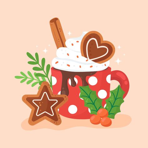 Hot Chocolate Illustration, Hot Chocolate Vector, Cartoon Christmas Cards, Hot Chocolate Art, Chocolate Illustration, Christmas Graphic Design, Graphic Design Cards, Christmas Hot Chocolate, Kawaii Christmas