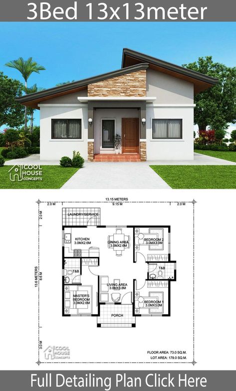 Modern Bungalow House Design, Three Bedroom House Plan, Bungalow Floor Plans, Affordable House Plans, Two Story House, Free House Plans, Modern Bungalow House, Small House Floor Plans, Casa Country