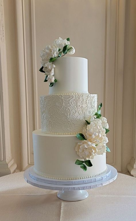 www.confectionerydesigns.net Wedding Cake For 30 People, Mladenacke Torte, Wedding Cake Flowers Simple, 3 Tier White Wedding Cake, Black Lace Wedding Cake, Wedding Cake 3 Tier, Sparkly Wedding Cakes, Wedding Cake Simple Elegant, Wedding Cake Simple