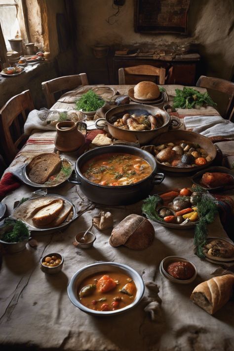 A rustic table set with various bowls of hearty soup, bread, and vegetables in a cozy kitchen. Cozy Home Cooked Meals, Swedish Comfort Food, Cozy Family Dinner Aesthetic, Cozy Romantic Aesthetic, Cozy Soup Aesthetic, Fall Meals For Two, Cozy Autumn Kitchen, Simple Fall Meals, Cozy Dinner Aesthetic