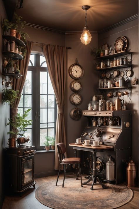 Cozy corner with a vintage coffee brewing station surrounded by clocks and shelves with plants, jars, and cups. Steampunk Office Ideas, Steampunk Decor Diy, Steampunk Decor Ideas, Coffee Nook Ideas, Steampunk Interior Design, Steampunk Office, Steampunk Room, Coffee Nooks, Steampunk Kitchen