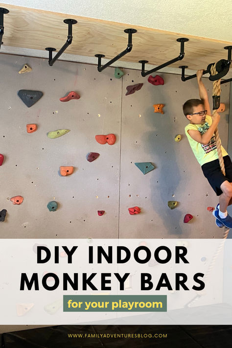 Indoor Playground Home Diy, Monkey Bar Playroom, Monkey Bars In Playroom, Diy Kids Indoor Jungle Gym, Basement Monkey Bars Diy, Kid Cave Ideas, Monkey Bars Playground, Hallway Monkey Bars, Ceiling Monkey Bars