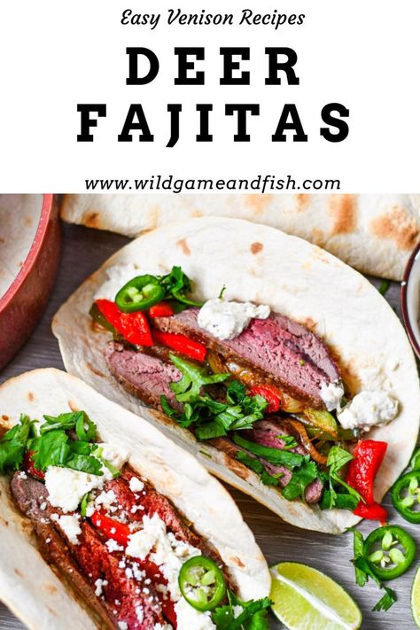 Deer Fajitas with deer steak, peppers, onion, cilantro, lime, and jalapenos. Fajita Toppings, Homemade Mexican Food, Deer Steak, Taco Tuesday Recipes, Tuesday Recipes, Homemade Mexican, Venison Recipes, Home Meals, Wild Game Recipes