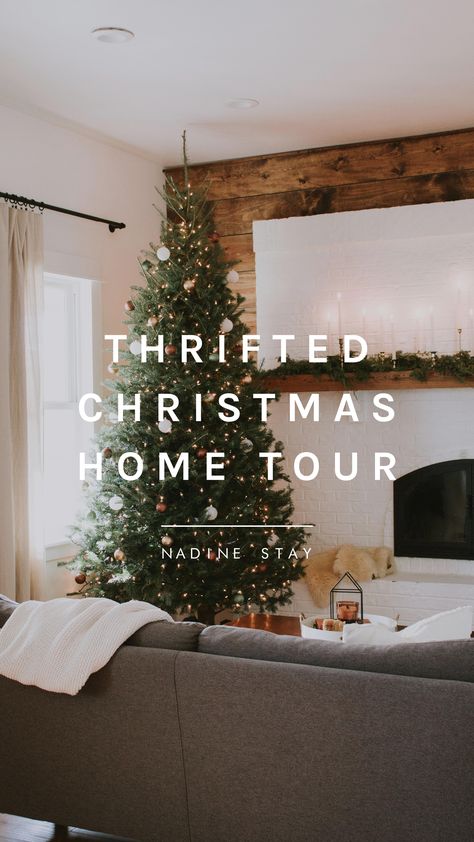 Christmas House Tours Holiday Decorating, Thrift Christmas Decor, Thrifted Christmas Decor, Thrifted Christmas Gifts, Modern Christmas Tree Ideas, Thrifted Christmas, Nadine Stay, Holiday Art Prints, Vase With Branches