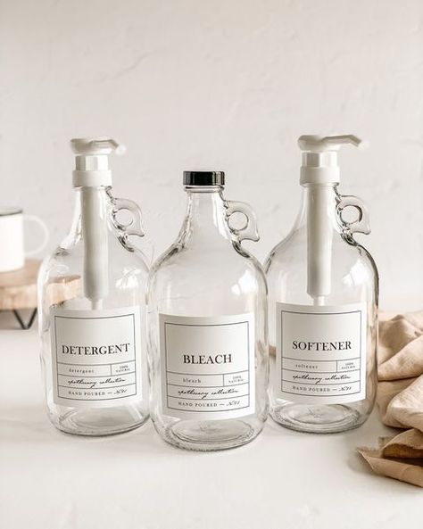 Laundry Organizers, Bleach Bottle, Laundry Labels, Apothecary Style, Apothecary Labels, Glass Dispenser, Laundry Decor, Apothecary Bottles, Custom Bottles