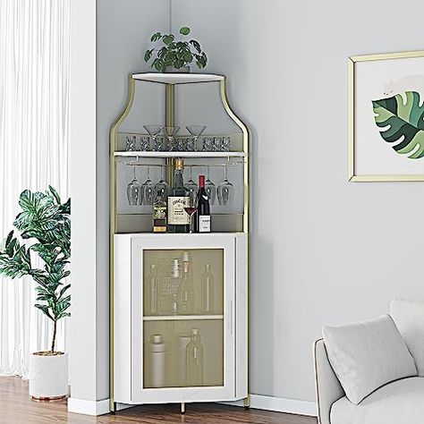 Bar Cabinet Ideas, Corner Wine Bar, Corner Wine Cabinet, Nyc Apartment Inspo, Liquor Bar Cabinet, Corner Wine Rack, Liquor Cabinet Bar, Corner Bar Cabinet, Wine Rack Table