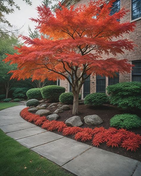 Got a small front yard? Structured Landscaping Front Yards, Japanese Inspired Front Yard Landscaping, Front Yard Landscaping With Japanese Maple, Small Japanese Garden Ideas Front Yards, Landscaping For A Small Front Yard, Front Yard Japanese Maple, Japanese Maple Front Yard, Small Japanese Maple Tree Landscape, Simple Front House Landscaping