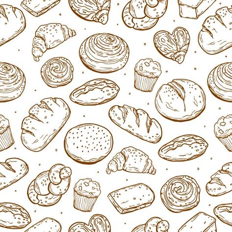 Seamless pattern. various baking. bread.... | Premium Vector #Freepik #vector #pattern #food #bakery #wallpaper Bread Doodle, Baking Wallpaper, Vintage Italian Posters, Yogurt Drink, Cake Wallpaper, Peanut Butter Banana Smoothie, Logo Design Inspiration Creative, Logo Design Set, Bread Art