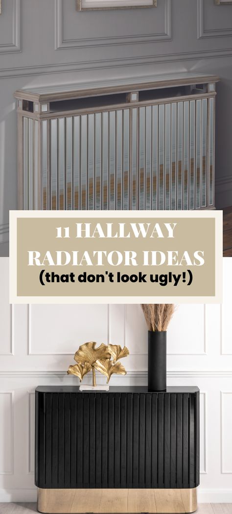 11 hallway radiator cover ideas that don't look ugly. One mirrored radiator cover, the other image is in a white panelled hallway, a stunning black radiator cover with a brass base that wraps around the bottom. Home Radiators Radiator Cover, Radiators Covers Ideas, Small Hallway Ideas Radiator, Heating Radiator Cover, Sofa In Front Of Radiator, Radiator Cover Uk, Art Deco Radiator Cover, Radiator Covers Hallway, Steam Radiator Cover Ideas