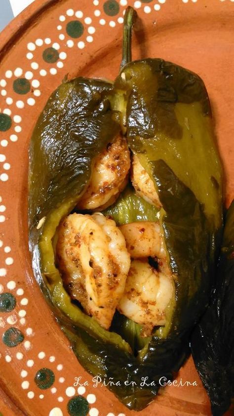 Shrimp Stuffed Poblano Pepper Recipes, Shrimp Stuffed Poblano Peppers, Poblano Recipes, Rellenos Recipe, Stuffed Poblanos, Poblano Peppers Recipes, Shrimp Stuffed, Stuffed Vegetables, Chile Recipes