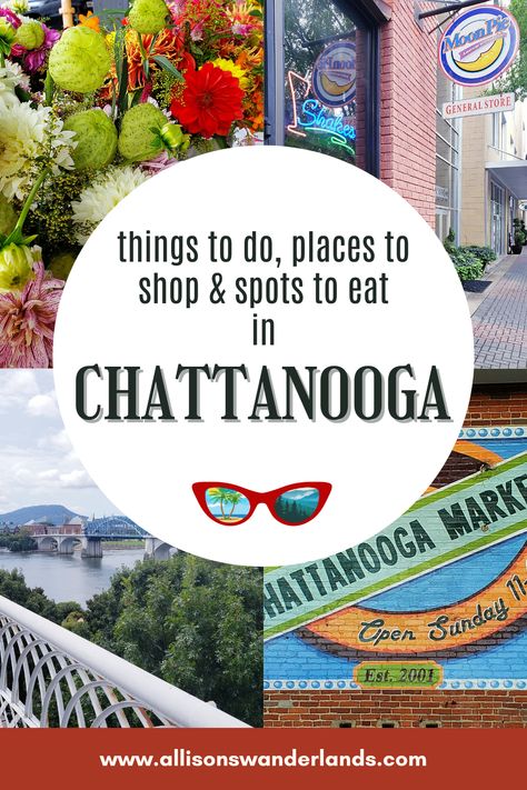 Collage of scenes from Chattanooga, Tennessee - sign from Chattanooga market, Northshore walking bridge, Moon Pie storefront and colorful flowers from the market. Shopping Chattanooga Tn, Shopping In Chattanooga Tn, Weekend In Chattanooga, Best Restaurants In Chattanooga Tn, Chattanooga Tennessee Things To Do, Chattanooga Riverwalk, Travel Tennessee, Tennessee Family Vacation, Nashville Travel Guide