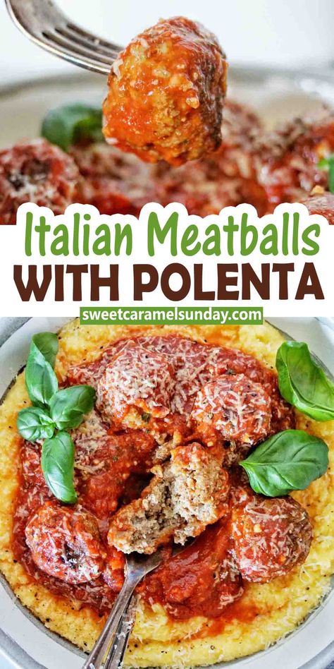 Meatballs And Polenta, Meatballs With Polenta, Baked Polenta Recipes, Italian Polenta, Cheesy Polenta, Savory Meatballs, Meatball Dinner, Worst Cooks, Tender Meatballs