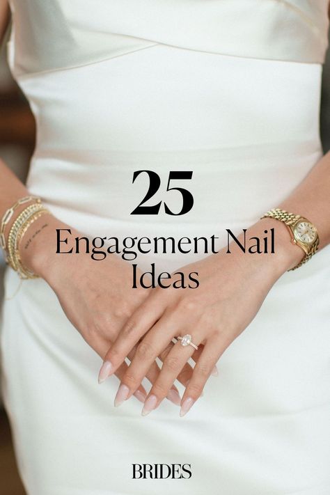 Whether you're planning engagement photos or want your new engagement ring to shine, these engagement nail ideas are perfect for you. Tap the link for engagement nail inspiration. Engagement Nails Elegant, Engage Nails Ideas, Nail Color Engagement Photos, Engagment Photo Hands, Short Nails Engagement Ring, Engagement Nails Coffin Shape, Nail Colors For Engagement Ring, Nail Inspo For Engagement, Wedding Proposal Nails