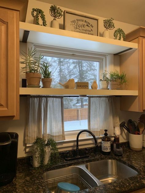 Mobile Home Shelving Ideas, Shelf In Front Of Kitchen Window, Old Farmhouse Esthetic, Mobile Home Indoor Remodel, Shelves Over Kitchen Sink Window, Shelf Over Kitchen Sink Window, Kitchen Window Ideas Over Sink Farmhouse, Above Kitchen Sink No Window Ideas, Over Sink Decor Window