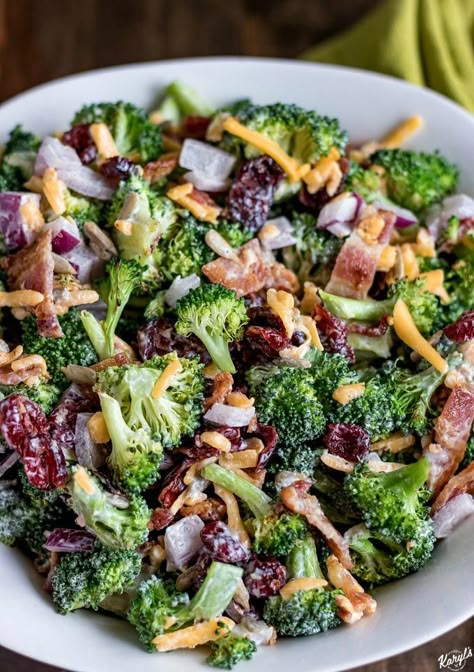 Broccoli Salad with Homemade Dressing. Perfect for potluck, holidays, summer entertaining and more! This wonderful mix of flavors will be a hit no matter what. Don't skimp on the homemade dressing...you won't be disappointed #broccoli #bacon #cheese #salad #broccolisalad #summerentertaining #holidayentertaining #potluckrecipe #glutenfree #karylskulinarykrusade Salad With Homemade Dressing, Homemade Dressing Recipe, Salad Homemade, Salad Kale, Broccoli Salad Bacon, Broccoli Salad Recipe, Bacon Salad, Creamy Dressing, Frozen Broccoli