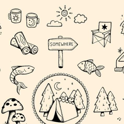 laura on Instagram: "calling all happy campers 🏕️ and anyone that likes trees, mountains, or cute mushroom tattoos 🙃  camping flash now available woooo. I absolutely love going away in our campervan so I just had to do a camping themed flash now we are able to start going again 😅  all available for handpoke. as always I do deals when you book multiple designs in a session!  use the link on my page for my booking form or just message me to enquire! can’t wait to tattoo these 🏔️ 🌲 ⛺️🍄🐟🪵🐾🌞🌳  @harmlesstattoo Braintree, Essex  #handpoketattoo #handpoke #stickandpoke #campingtattoo #summertattoo #mountaintattoo #adventuretattoo #cutetattoo #essextattoo #hertfordshiretattoo #suffolktattoo #braintree #vanlife #campervan #camping" Mountain Flash Tattoo, Camp Tattoo Ideas, Cute Mushroom Tattoos, Backpacking Tattoo, Camper Tattoo, Tent Tattoo, Camp Tattoo, Tattoo Camping, Outdoorsy Tattoos