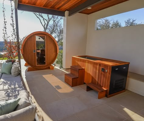 The dynamic duo: cold plunge and barrel sauna from our Austin project #sauna #saunatime #saunadesign #saunalife #sweatdecks #austin #losangeles #heattherapy #coldplunge #saunaandcoldplunge #outdooroasis #wellnessretreat #sweatitout Barrel Sauna And Cold Plunge, Cold Plunge Tub And Sauna, Home Sauna Cold Plunge, Sauna Cold Plunge Outdoor, Sauna And Cold Plunge Room, Cold Plunge And Sauna, Wellness Room At Home, Sauna And Cold Plunge, Goal Wall