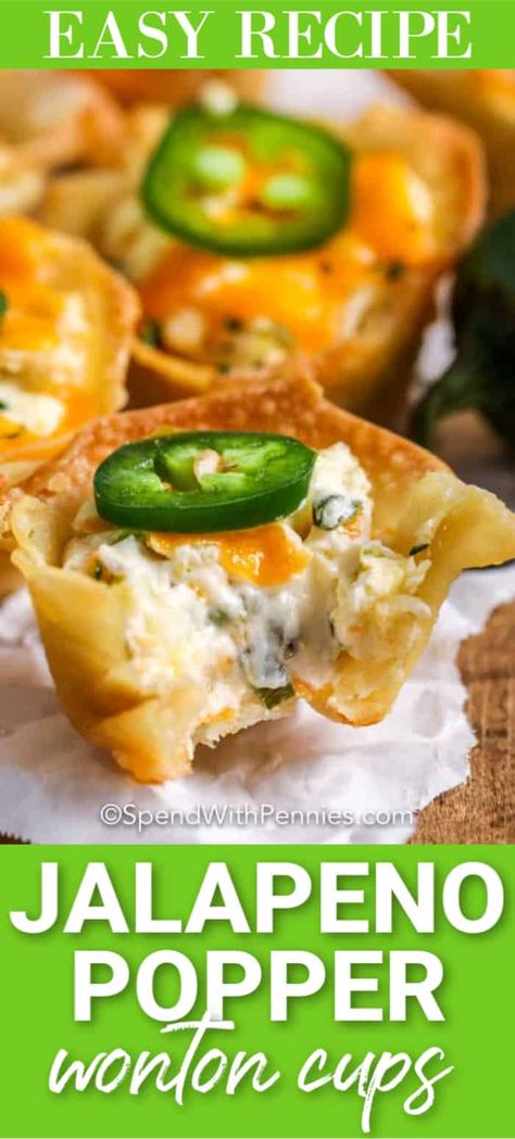 Jalapeño Popper Wonton Cups {Great Appetizer!} - Spend With Pennies  | Crisp Wonton Cups are stuffed with jalapeño popper mix for the perfect crowd-pleasing snack! Serve baked fresh and warm from the oven while the cream cheese and cheddar is super melty. You can even make them with bacon bits for a little more oomph! Jalapeno Wonton Poppers, Wonton Appetizers, Appetizer Christmas, Wonton Cups, Won Ton, Spend With Pennies, Jalapeno Popper, Appetizers And Dips, Party Appetizer