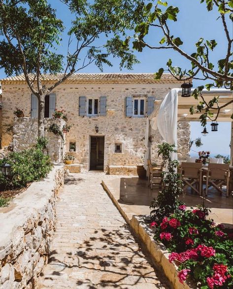 Croatia House, Mediterranean Farmhouse, Stone Villa, Outdoor Eating Area, Best Greek Islands, Zakynthos Greece, Blue Shutters, Greek Villas, European Destination