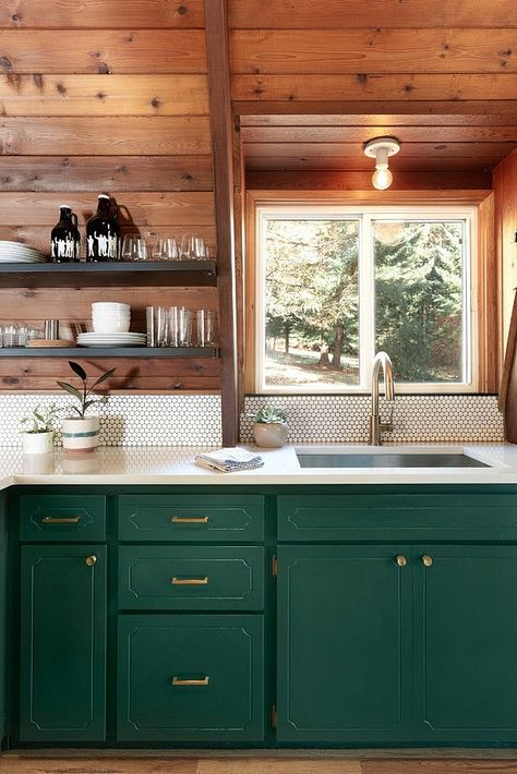 A Scandinavian-Style Cabin Creates a Happy Oregon Retreat Cabin Renovation, Cabin Interior Design, Log Cabin Interior, Cabin Inspiration, River Cabin, Cabin Interiors, Cabin Kitchens, Cabin Living, Green Cabinets