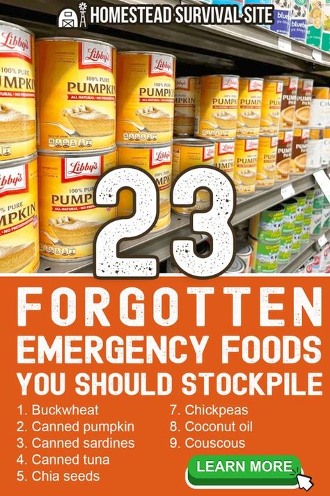 For many people, preparing an emergency food supply ends right about here. Okay, maybe you can add in granola bars, powdered milk, and trail mix as well. However, if you complete your preparations with these items, you are missing the opportunity to store many nutritious survival foods for your family. Here is a list of often forgotten emergency foods to consider that offer extended shelf life and provide needed calories and nutrients in an emergency. Food To Store For Emergencies, 3 Month Emergency Food Supply List, Prepping Food Survival, Prepping Survival Emergency Preparedness, Emergency Food Supply List, Prepper List, Emergency Preparedness Kit List, Foods To Stockpile, Best Survival Food