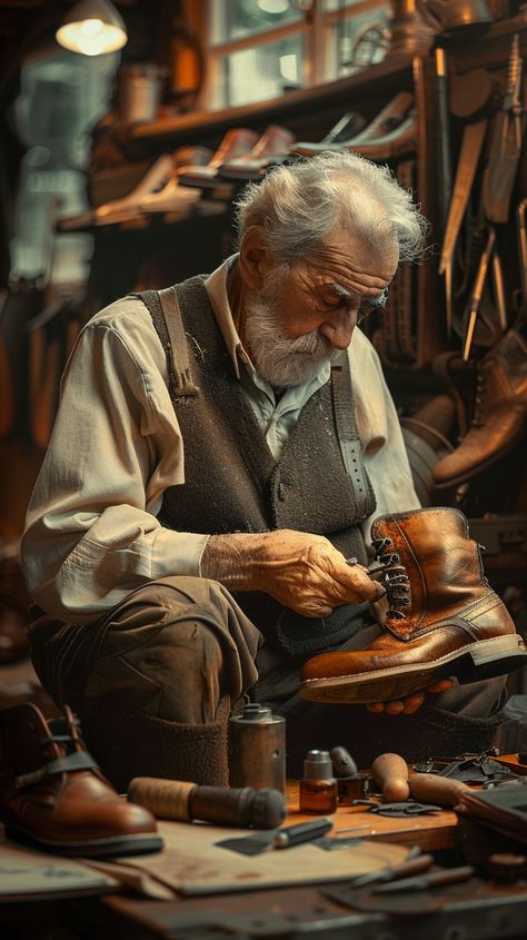 Artisan Crafts Shoes: An elderly artisan cobbler meticulously works on a leather shoe in his traditional, tool-filled workshop. #artisan #craftsmanship #elderly #cobbler #shoes #aiart #aiphoto #stockcake ⬇️ Download and 📝 Prompt 👉 https://ayr.app/l/4b8A Posture Drawing, Shoe Cobbler, Long White Hair, Fine Art Portrait Photography, Dancers Art, Portrait Photography Men, Good Feeling, Portrait Photography Women, Figure Sketching