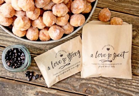 Wedding Favors That Are Useful? | Emmaline Bride Brunch Party Favors, Doughnut Bar, Birthday Brunch Party, Donut And Coffee, Coffee Display, Coffee Pairing, Coffee Favors, Doughnut Holes, Engagement Party Favors