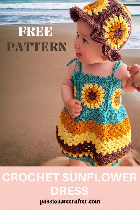 Crochet Sunflower Dress, Baby Sunflower, Crochet Baby Dress Free Pattern, Crochet Baby Projects, Crochet Baby Dress Pattern, Crochet Toddler, Sunflower Dress, Pola Amigurumi, Crochet Baby Girl