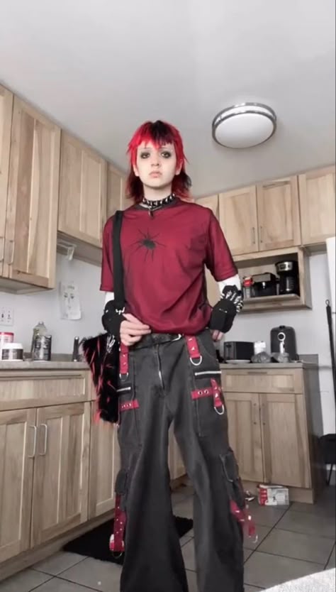 Red And Black Alt Outfits Masc, 90s Mall Goth Outfit, Mall Goth Masc, Red And Black Mall Goth, Goth Pants Outfit, Red Goth Outfits, Clancy Tour, Enby Outfits, Red And White Outfits