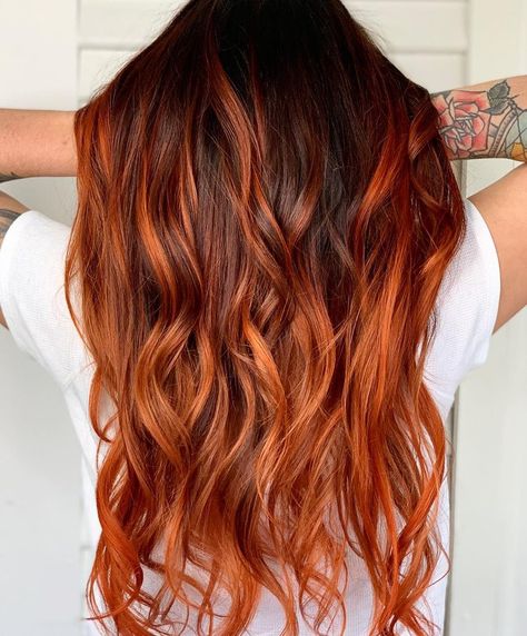 Balayage Hair Cooper, Long Straight Copper Hair, Sunflower Balayage Hair, Brunette And Ginger Hair, Copper And Red Balayage, Brown And Orange Balayage, Brunette To Ginger Balayage, Brown To Orange Balayage, Brunette And Copper Balayage