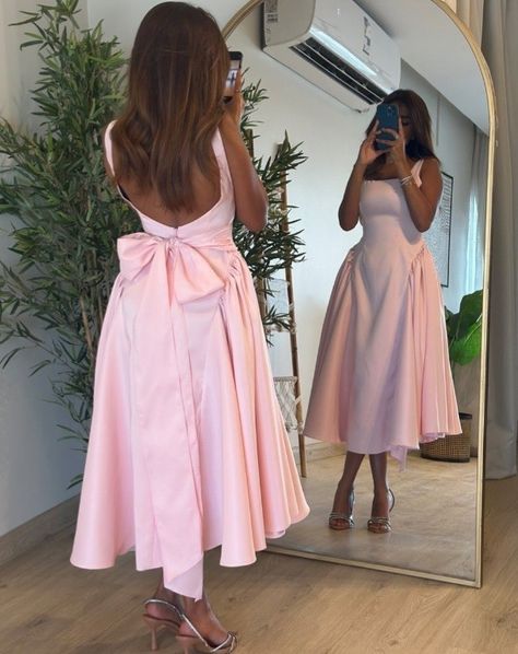 Birthday Guest Dresses, Dresses For Engagement Guest, Prom Dresses Mid Length, Prom Dress With Bow, Pink Evening Gown, Prom Dress Pink, Tea Length Prom Dress, Pink Evening Gowns, Hot Prom Dress