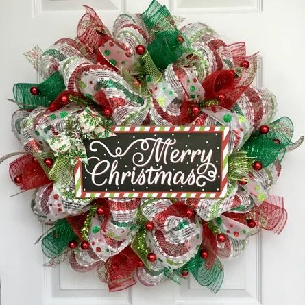 The Holiday Aisle® Merry Christmas Striped 24" Deco Mesh Wreath | Wayfair Couronne Diy, Christmas Wreath Decor, Christmas Wreath Craft, Deco Mesh Wreaths Diy, Deco Mesh Christmas Wreaths, Mesh Wreath Diy, Christmas Mesh Wreaths, Christmas Decorations Wreaths, Navidad Diy