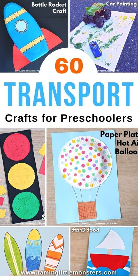 60 Transportation Arts and Crafts for Kids. Fun and easy craft ideas for preschoolers and kindergarteners who love machines and vehicles. #transport #artsandcrafts #preschoolers #kindergarten Transport Ideas Preschool, Books About Transportation For Preschool, Shape Transportation Craft, Trucks Crafts Preschool, Air Vehicles Activities For Kids, Vehicles Kindergarten Activities, Car Preschool Crafts, Preschool Bike Craft, Transportation Prek Crafts