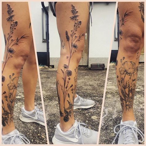 Leg Garden Tattoo, Leg Flower Tattoos For Women, Garden Leg Sleeve Tattoo, Nature Thigh Tattoo Women, Full Leg Flower Tattoo, Flowers Going Up Leg Tattoo, Floral Leg Tattoo Sleeve, Nature Leg Tattoos Women, Wildflower Calf Tattoo