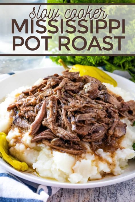 This Slow Cooker Mississippi Pot Roast is the easiest and most delicious pot roast you'll ever make! This popular recipe is FULL of flavor! Mississippi Pot Roast Crockpot, Pot Roast Crockpot, Roast Crockpot, Slow Cooker Mississippi Pot Roast, Mississippi Roast Recipe, Delicious Pot Roast, Slow Cooker Pot Roast Recipes, Classic Pot Roast, Mississippi Pot