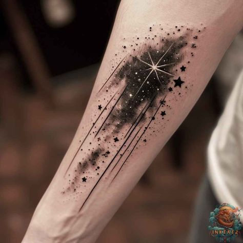 Shooting Star Tattoos: Capturing the Magic of the Night Sky: 94 Designs - inktat2.com Starry Sky Tattoo Black, Large Star Tattoos For Women, Black Sky Tattoo, One Sleeve Tattoo, White Stars Tattoo, Dark Night Of The Soul Tattoo, Milky Way Tattoos, Star Sleeve Tattoos For Women, Cloud Cover Up Tattoo