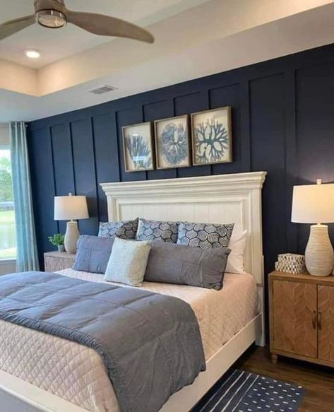 Cabin Wall Ideas, Navy Blue Accent Wall Bedroom, Paint In Bathroom, Blue Feature Wall Bedroom, Accent Wood Wall, Florida Condo Decor, Navy Blue Paint Colors, Blue Accent Wall, Navy Accent Walls