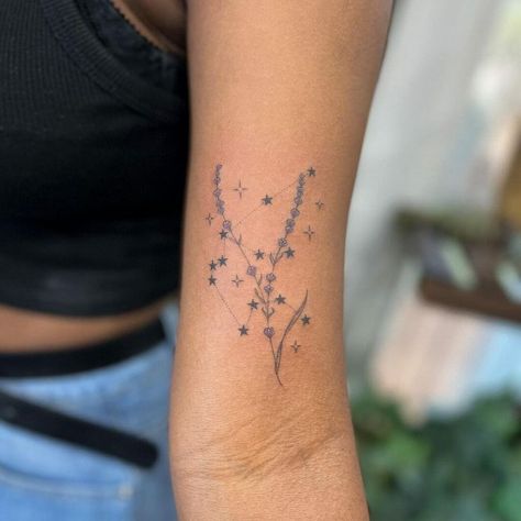 Flowers And Stars Tattoo Stars And Plants Tattoo, Forearm Tattoo Women Stars, Flower And Stars Tattoo Designs, Flower And Stars Tattoo, Flowers And Stars Tattoos, Star And Flower Tattoos, Flower And Star Tattoo, Star Flower Tattoo, Aquarius Flower