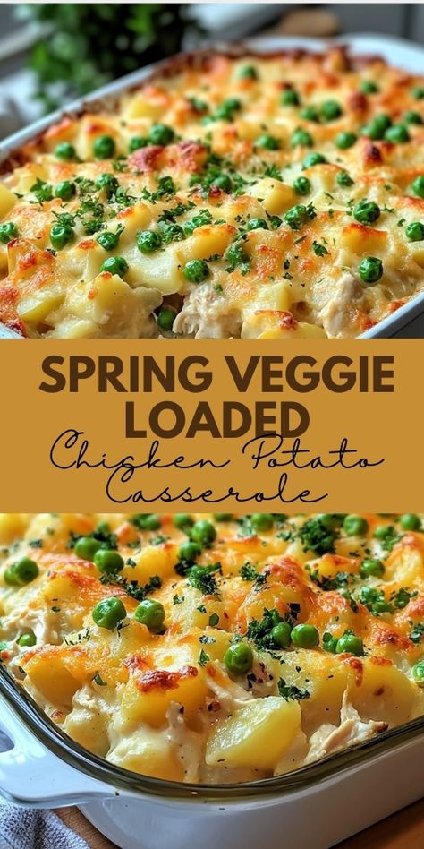 Spring Veggie Loaded Chicken Potato Casserole  Ingredients:  2 tablespoons olive oil 1 lb chicken breasts, diced 3 cups potatoes, peeled and cubed 1 medium onion, chopped 2 garlic cloves, minced 1 cup carrots, sliced 1 cup asparagus, chopped 1 cup peas 1 cup broccoli florets 1 teaspoon dried thyme 1/2 teaspoon salt 1/2 teaspoon black pepper 1/4 cup all-purpose flour 2 cups chicken broth 1 cup milk 1/2 cup grated cheddar cheese  #Spring #Veggie #Loaded #Chicken #Potato #Casserole Veggie Chicken Casserole, Spring Veggie Loaded Chicken Potato Casserole, Chicken And Sweet Potato Casserole Recipes, Chicken Veg Casserole Recipes, Chicken Broccoli Carrot Casserole, Chicken And Veg Casserole, Chicken Veggie Casserole Recipes, Potato And Vegetable Casserole, Potato Vegetable Casserole