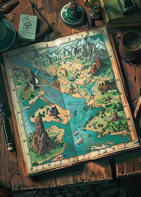 a full pastel colour design of a cartoon map on a desk of an adventurer --v 6 Magic Map Art, Adventure Map Illustration, Isometric Map Design, Adventure Fantasy Art, Illustrated Map Design, D&d Props, D And D Art, Imaginary Maps Drawings, World Map Ideas