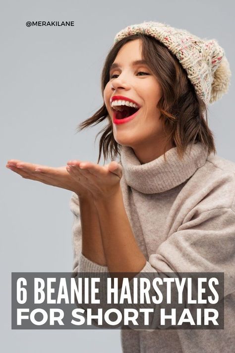 No matter your cold weather plans, here are 26 cute and easy hairstyles with beanies for winter, at every hair length! Beauty Winter Hat For Short Hair, How To Wear A Toque With Short Hair, Hairdo With Beanie, How To Style A Beanie With Curly Hair, Shoulder Length Hair With Beanie, Short Hair Beanie Hairstyles, Cute Beanie Hairstyles For Short Hair, Short Hair With Winter Hat, Hairstyles With Winter Hats