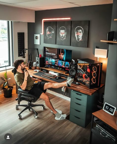 Insane Gaming Setup, Mens Gaming Office, Gaming Work Setup, Modern Gaming Office, Modern Gaming Desk Setup, Ikea Setup Desk, Office Gaming Room Ideas, Home Office Setup Ikea, White And Wood Office Decor