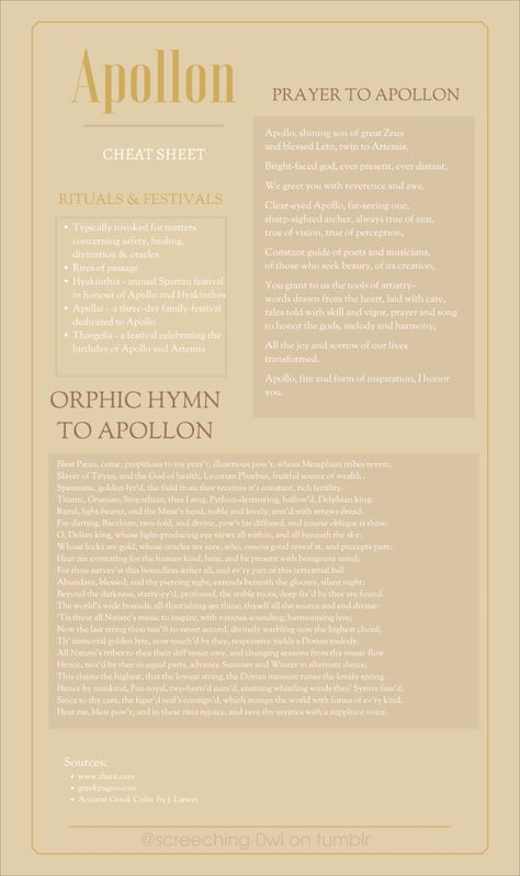 Apollo Cheat Sheet, Aphrodite Cheat Sheet, How To Worship Greek Gods, Apollo Deity, Apollo Worship, Lord Apollo, Apollo Altar, Deity Worship, Hellenic Polytheism