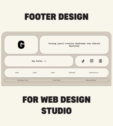 👣 Discover Footer Design Inspiration! This bold block-style footer from GZLZ Design is a perfect example of how to wrap up your website with style and functionality. It features strong typography, clear navigation, and essential links to keep visitors engaged. Looking to add a professional touch to your web design? Get inspired by our layout and visit GZLZ Design for more web design tips! #WebDesignInspo #FooterDesign #BoldLayout #GZLZDesign #WebsiteInspiration Footer Design Inspiration, Strong Typography, Wireframe Design, Zbrush Tutorial, Footer Design, Navigation Design, Web Design Studio, How To Wrap, Fun Website Design