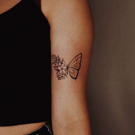 Small Butterfly Tattoo On Thigh, Back Of Arm Tattoo Meaningful, Half Butterfly Half Chrysanthemum Tattoo, Marigold Flower With Butterfly Tattoo, Half Butterfly Half Flower Tattoo With Words, Butterfly With Half Flowers Tattoo, Half Butterfly Half Flower Tattoo Fine Line, Butterfly To Flower Tattoo, Half Floral Butterfly Tattoo Design