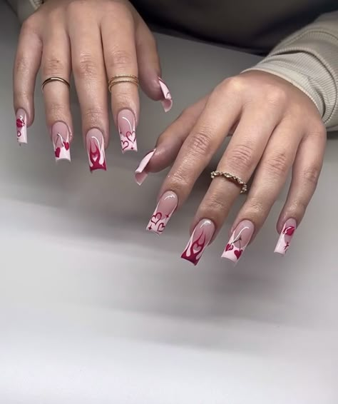 Pink Tapered Square Nail Designs, Long Square Nails Valentines, Valentines Nail Art Square, Valentine’s Day Red Acrylic Nails, Valentines Nails Medium Length, Red Nails Inspo 2024, Valentines Day Nails Initials, Valentines Acrylic Nail Designs, Pink And Red Valentines Nails