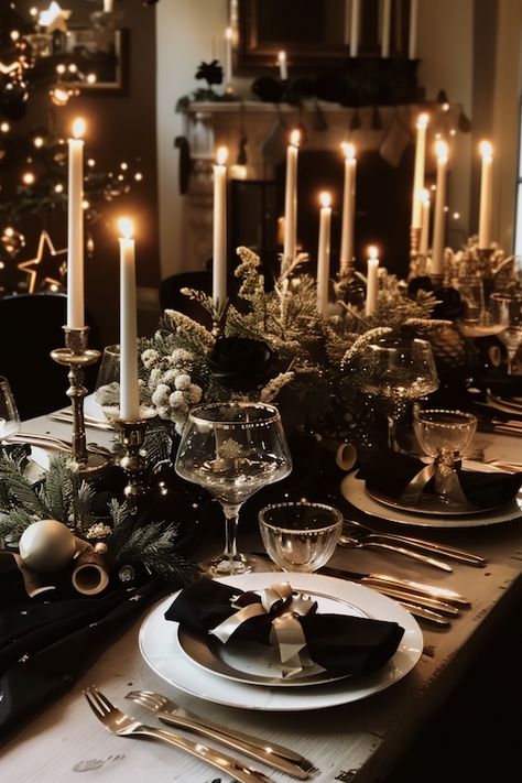 Christmas Table Setting Ideas, Christmas Dinner Table Settings, Black Christmas Decorations, Black Gold Christmas, Gold Table Setting, Dinner Party Table Settings, Holiday Table Centerpieces, Table Setting Ideas, Christmas Table Setting