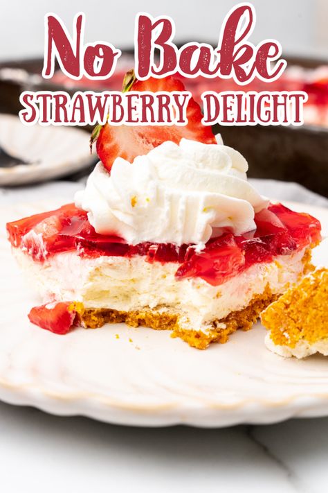 No Bake Strawberry Delight – An easy, no bake dessert made with layers of graham cracker crust, cheesecake filling, and strawberry jello topping. The perfect dessert for parties! No Bake Desserts | Strawberry Delight Recipe | Easy Dessert Recipes #dessert #strawberry No Bake Strawberry Delight Taste Of Home, Strawberry Gelatin Dessert, Strawberry Pie With Graham Cracker Crust, Easy Strawberry Desserts 3 Ingredients, Strawberry No Bake Dessert, Strawberry Graham Cracker Dessert, Desserts With Graham Cracker Crust, Easy Jello Desserts, Strawberry Lush Dessert